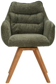 Grüner Armlehnstuhl mit gepolsterter Sitzfläche und Holzbeinen, Frontalansicht