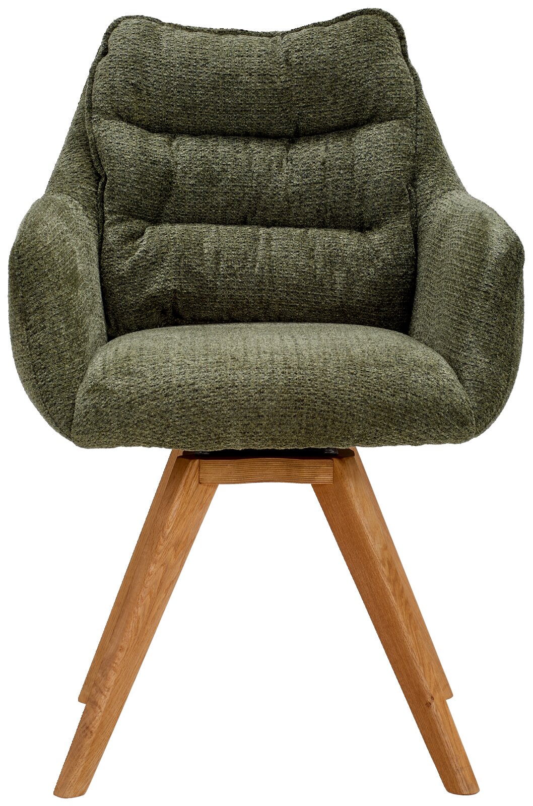 Groene fauteuil met gestoffeerde zitting en houten poten, vooraanzicht