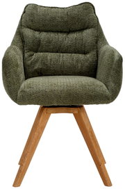 Groene fauteuil met gestoffeerde zitting en houten poten, vooraanzicht
