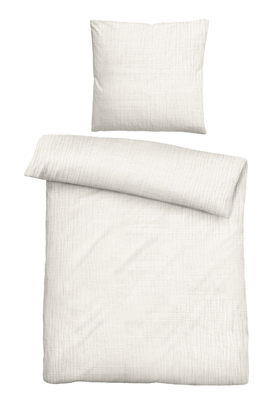 Biberna Bettwäsche MUSSELIN Bettwäsche-Set in Cremefarbe, bestehend aus einem Kissenbezug und einem Bettdeckenbezug, aus der Vogelperspektive fotografiert.