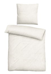 Bettwäsche-Set in Cremefarbe, bestehend aus einem Kissenbezug und einem Bettdeckenbezug, aus der Vogelperspektive fotografiert.