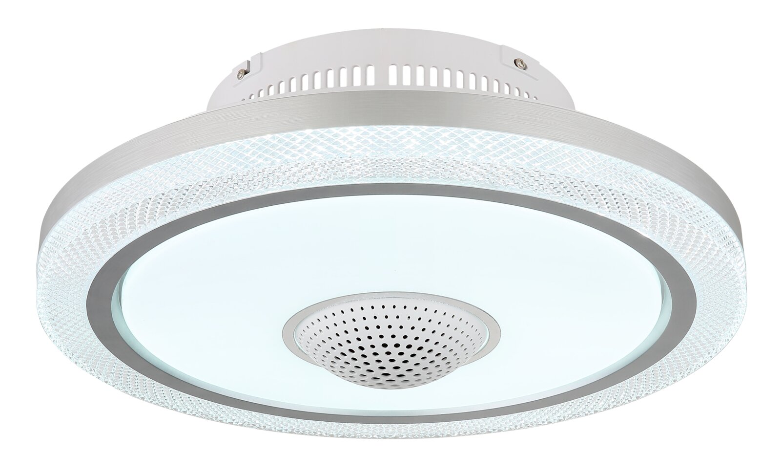 Moderner LED-Deckenventilator mit elegantem Design, seitliche Perspektive