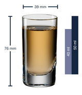 Schnapsglas Easy+ 50ml, seitliche Ansicht, 76 mm hoch, 39 mm Durchmesser, mit Füllstandsanzeige bei 40 ml und 50 ml.