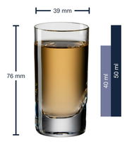 Schnapsglas Easy+ 50ml, seitliche Ansicht, 76 mm hoch, 39 mm Durchmesser, mit Füllstandsanzeige bei 40 ml und 50 ml.