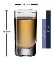 Schnapsglas Easy+ 50 ml, zijaanzicht, 76 mm hoog, 39 mm diameter, met vulstreepjes bij 40 ml en 50 ml.