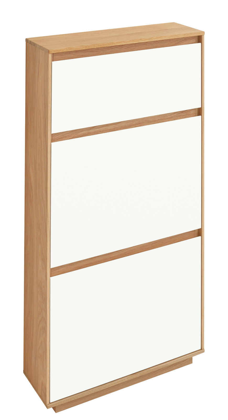 Moderner Schuhschrank aus Holz mit drei weißen Klappen, seitliche Perspektive