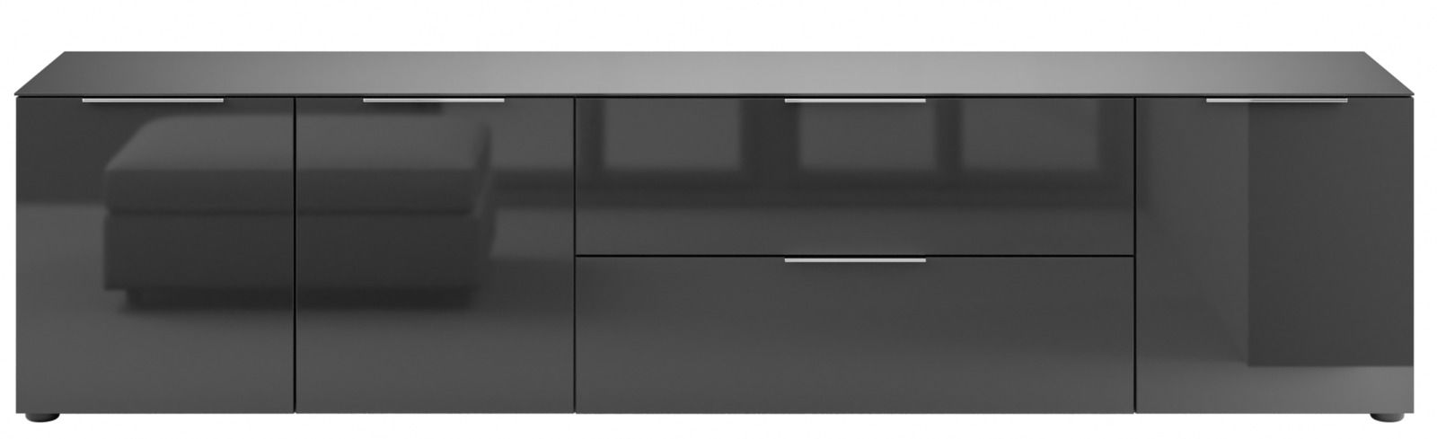 Frontansicht eines modernen, schwarzen XL-TV-Lowboards mit glänzender Oberfläche und mehreren Schubladen und Türen.