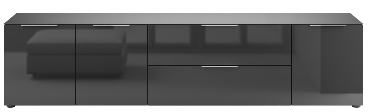 Frontansicht eines modernen, schwarzen XL-TV-Lowboards mit glänzender Oberfläche und mehreren Schubladen und Türen.