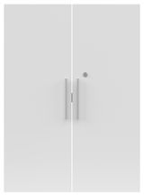 Frontansicht eines weißen Türen-Sets mit zwei Griffen und einem Schloss.