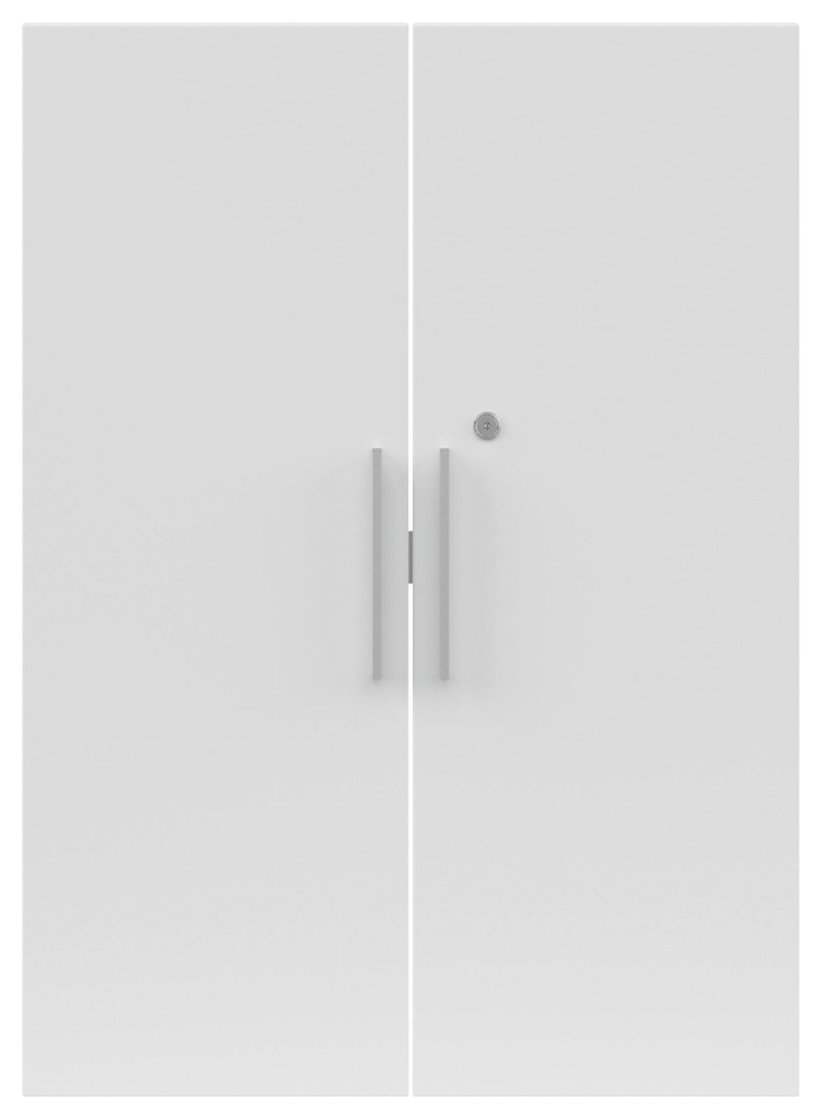 Frontansicht eines weißen Türen-Sets mit zwei Griffen und einem Schloss.