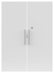 Frontansicht eines weißen Türen-Sets mit zwei Griffen und einem Schloss.