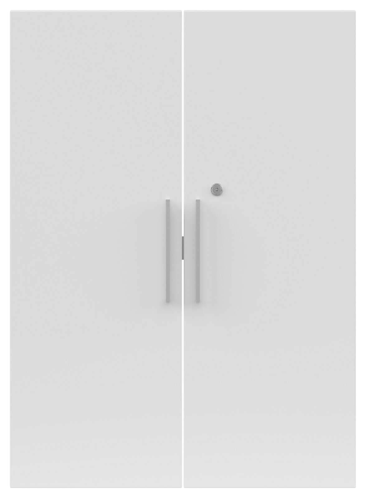 Frontansicht eines weißen Türen-Sets mit zwei Griffen und einem Schloss.