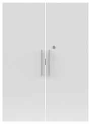 Frontansicht eines weißen Türen-Sets mit zwei Griffen und einem Schloss.