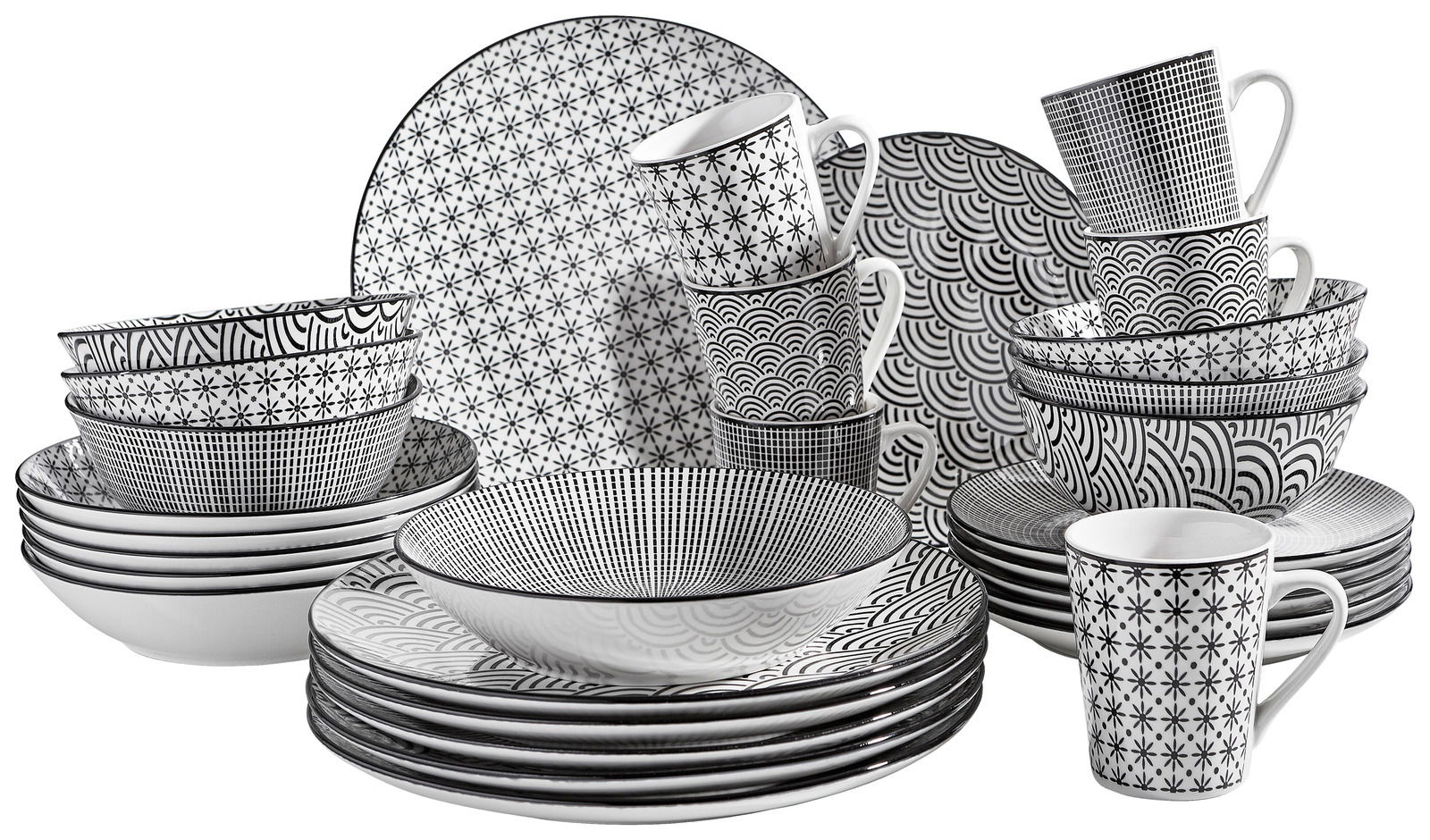 Kombiservice Tokyo 30-teilig, schwarz-weißes Geschirrset mit verschiedenen Mustern, seitliche Perspektive