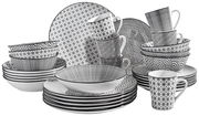 Kombiservice Tokyo 30-teilig, schwarz-weißes Geschirrset mit verschiedenen Mustern, seitliche Perspektive