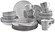 Kombiservice Tokyo 30-teilig, schwarz-weißes Geschirrset mit verschiedenen Mustern, seitliche Perspektive