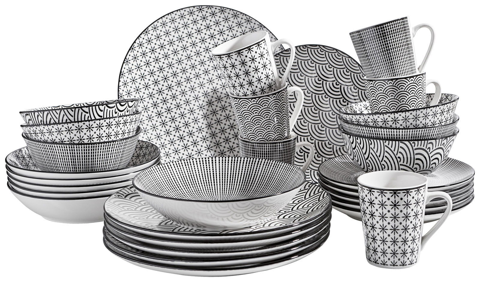 Kombiservice Tokyo 30-teilig, schwarz-weißes Geschirrset mit verschiedenen Mustern, seitliche Perspektive