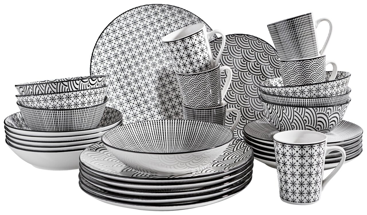 Kombiservice Tokyo 30-teilig, schwarz-weißes Geschirrset mit verschiedenen Mustern, seitliche Perspektive