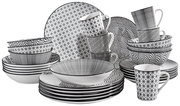 Kombiservice Tokyo 30-teilig, schwarz-weißes Geschirrset mit verschiedenen Mustern, seitliche Perspektive