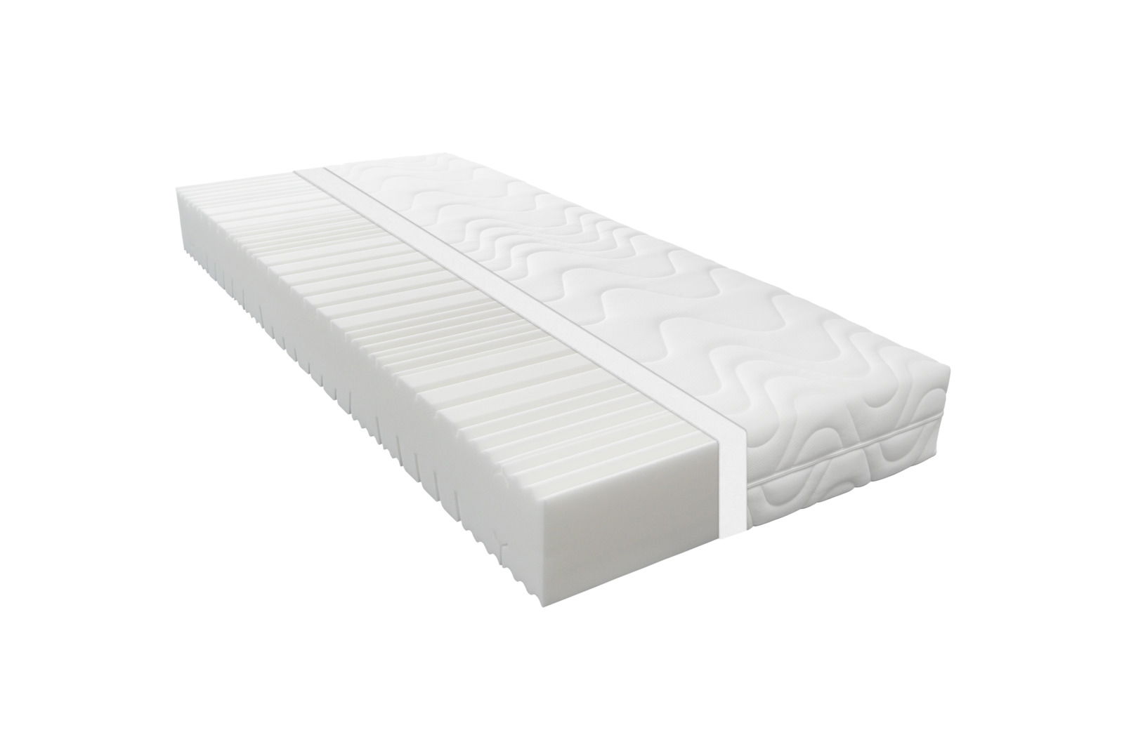Wende-Kaltschaummatratze H2/H3 in seitlicher Perspektive mit sichtbarer Struktur und Wellenmuster