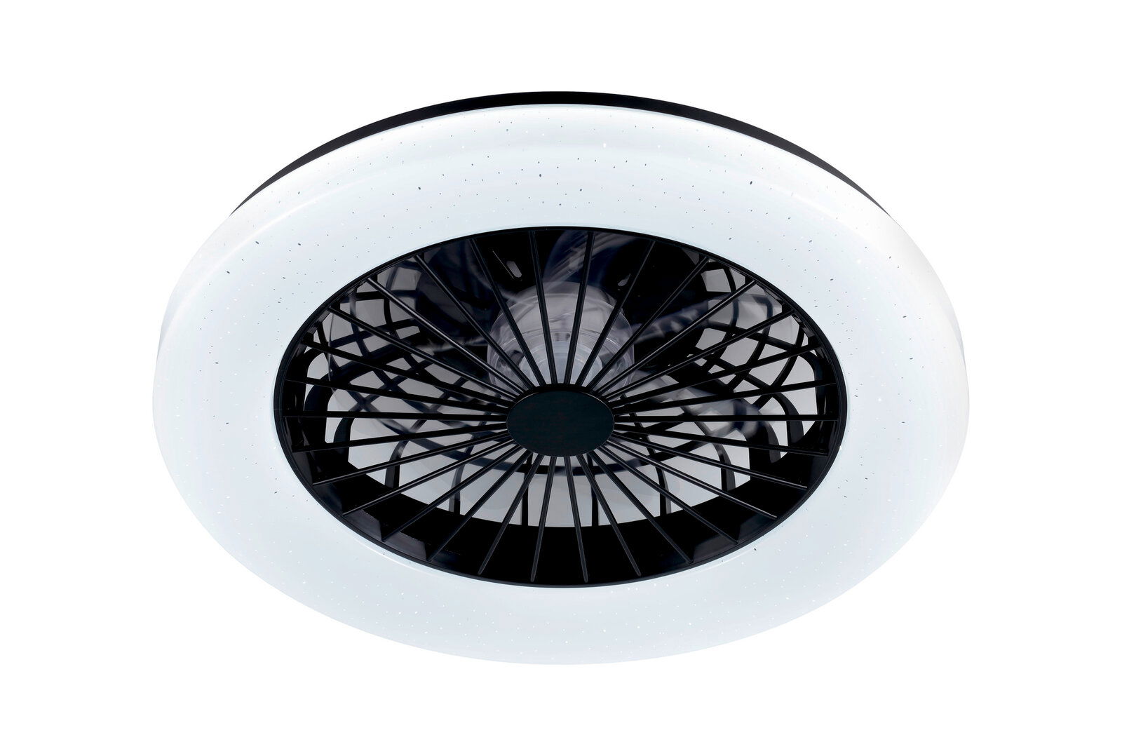Moderner Deckenventilator mit schwarzem Gitter und weißem LED-Ring, Ansicht von unten.