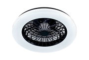 Moderner Deckenventilator mit schwarzem Gitter und weißem LED-Ring, Ansicht von unten.