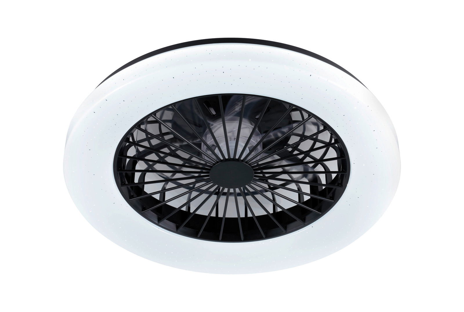 Moderner Deckenventilator mit schwarzem Gitter und weißem LED-Ring, Ansicht von unten.