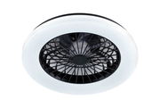 Moderner Deckenventilator mit schwarzem Gitter und weißem LED-Ring, Ansicht von unten.