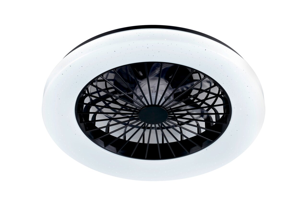 Moderne plafondventilator met zwart rooster en witte ledring, gezien van onderaf.