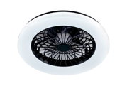 Moderne plafondventilator met zwart rooster en witte ledring, gezien van onderaf.