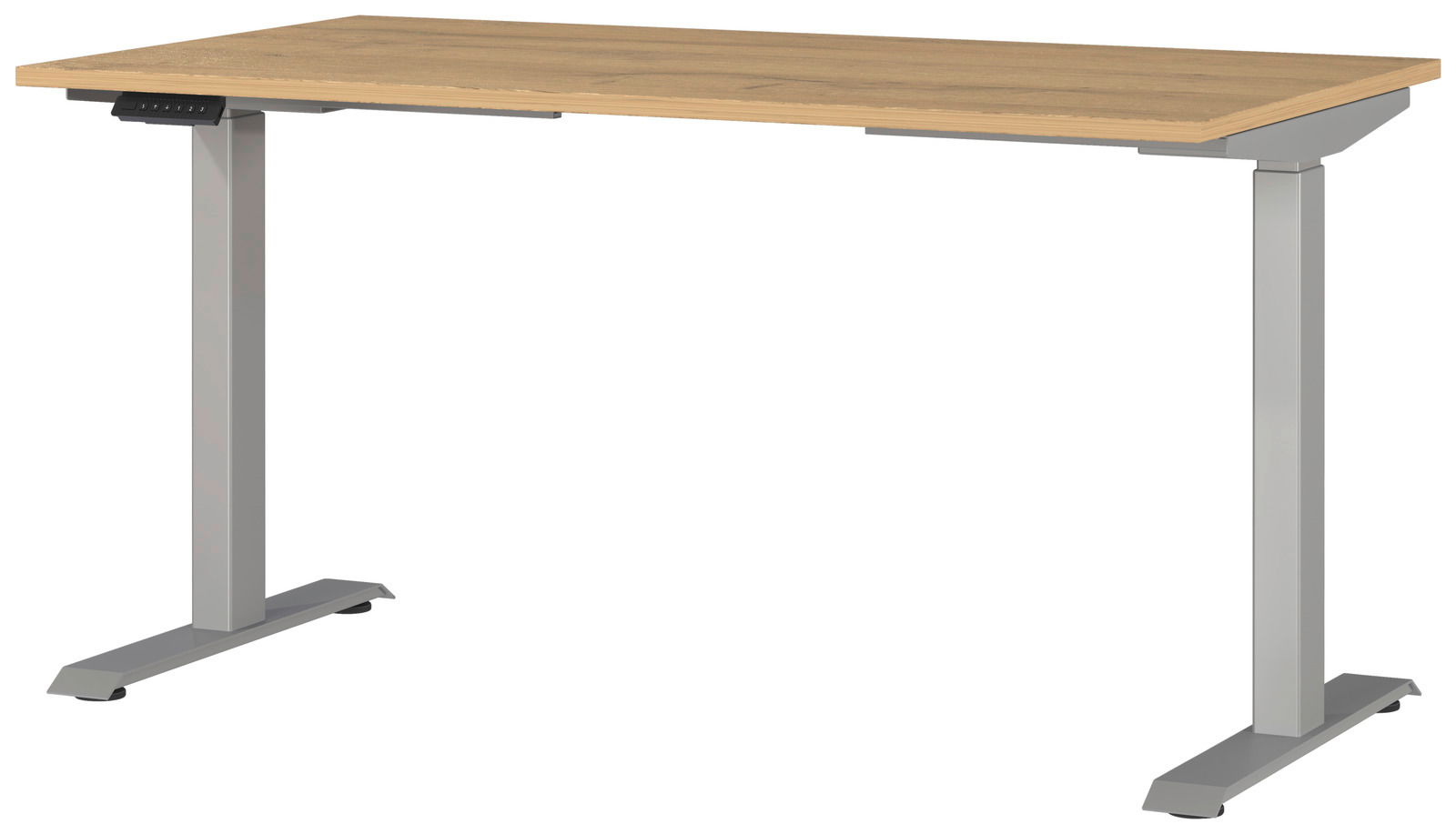 Moderner höhenverstellbarer E-Schreibtisch mit Holzoberfläche und grauem Metallgestell, seitliche Perspektive