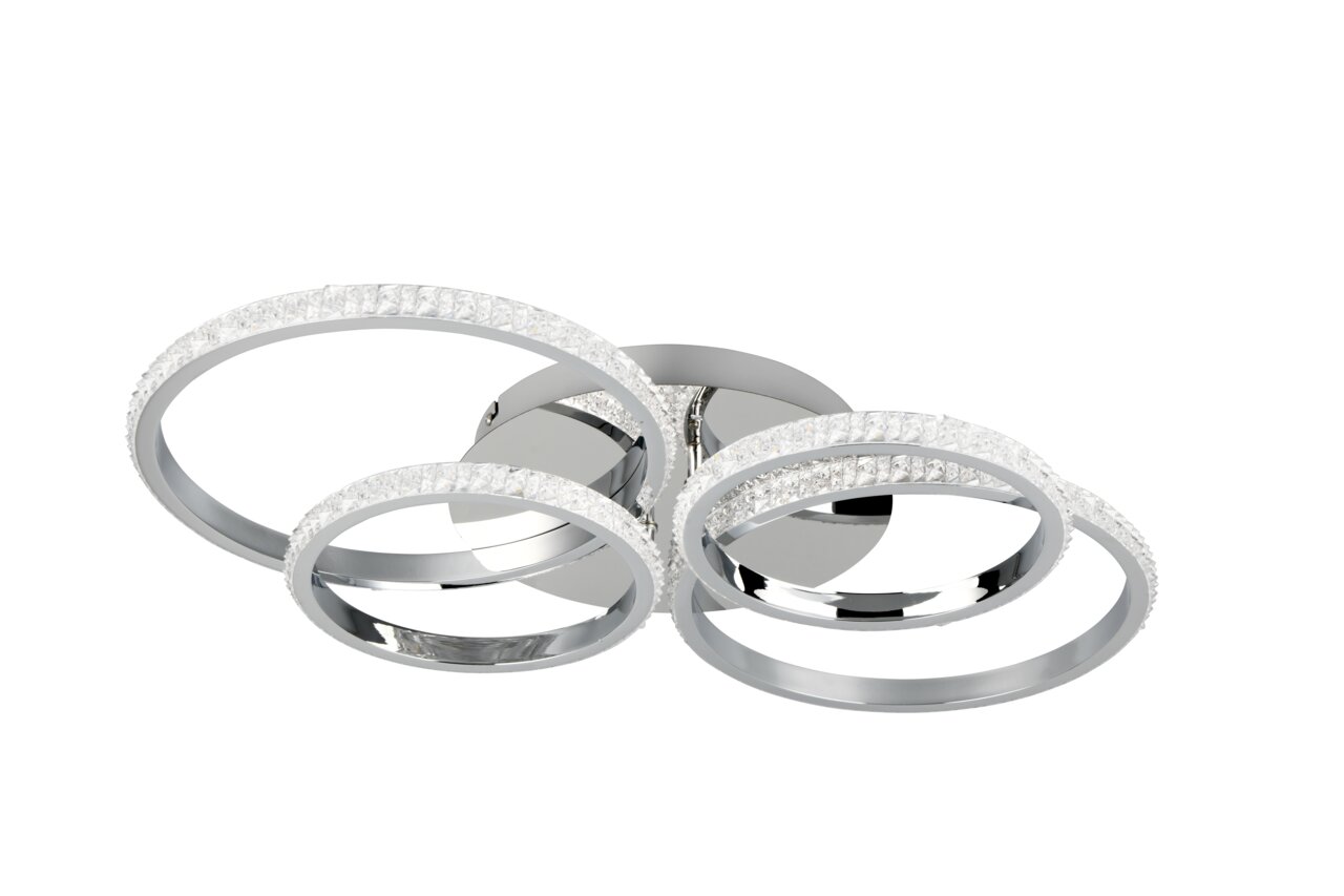 Moderne Deckenleuchte CIRES mit drei ineinander verschlungenen, glänzenden Ringen aus der Seitenperspektive.