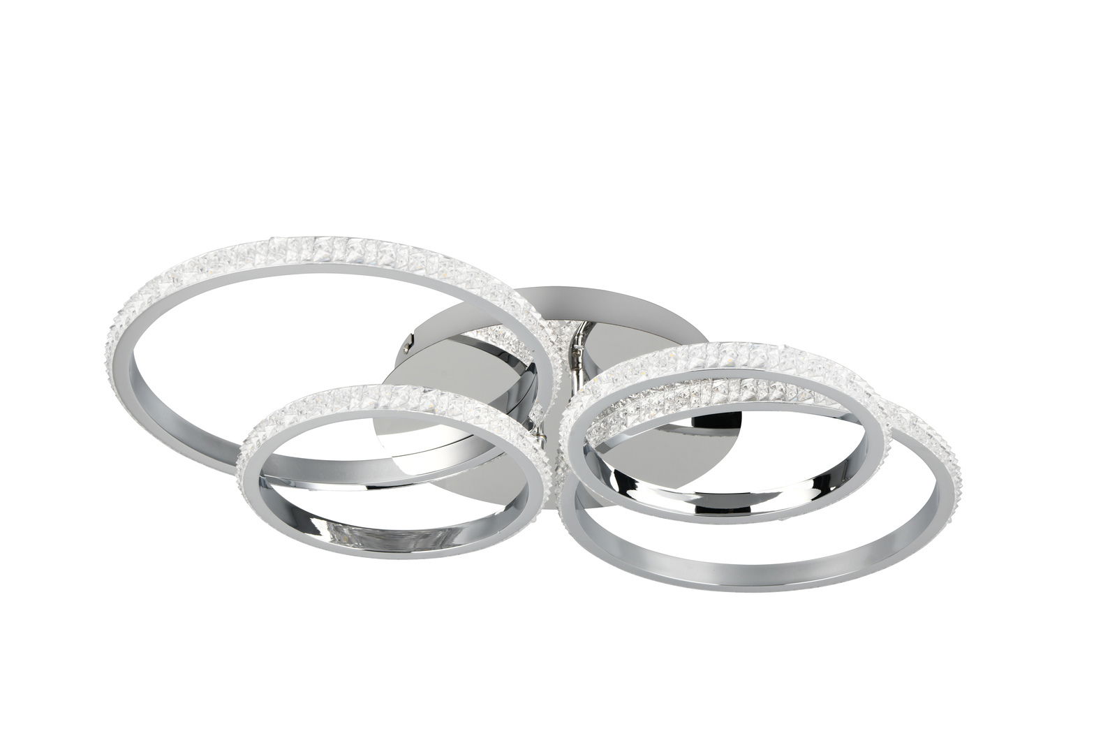 Moderne Deckenleuchte CIRES mit drei ineinander verschlungenen, glänzenden Ringen aus der Seitenperspektive.