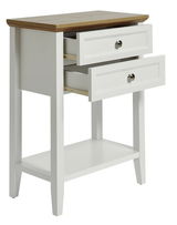 Weißer Beistelltisch mit zwei Schubladen und Holzplatte, seitliche Perspektive