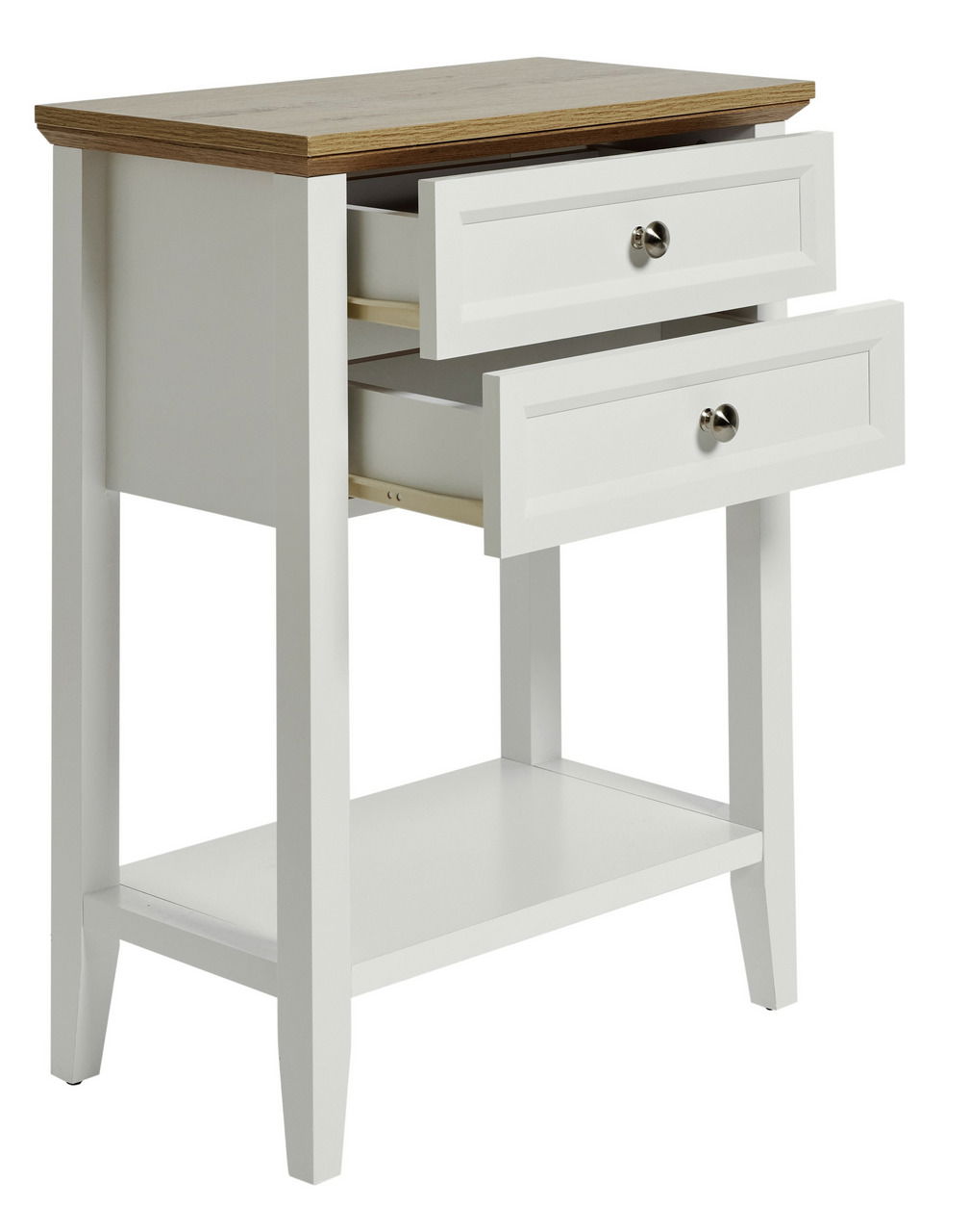 Weißer Beistelltisch mit zwei Schubladen und Holzplatte, seitliche Perspektive