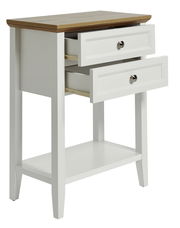 Weißer Beistelltisch mit zwei Schubladen und Holzplatte, seitliche Perspektive