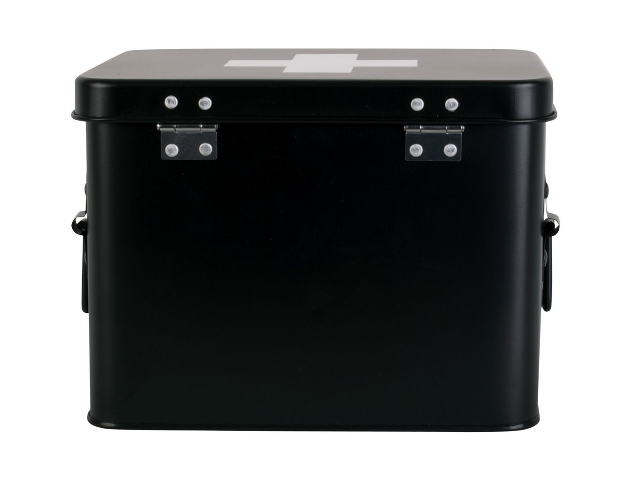 Schwarze Aufbewahrungsbox mit weißem Kreuz auf dem Deckel, Vorderansicht