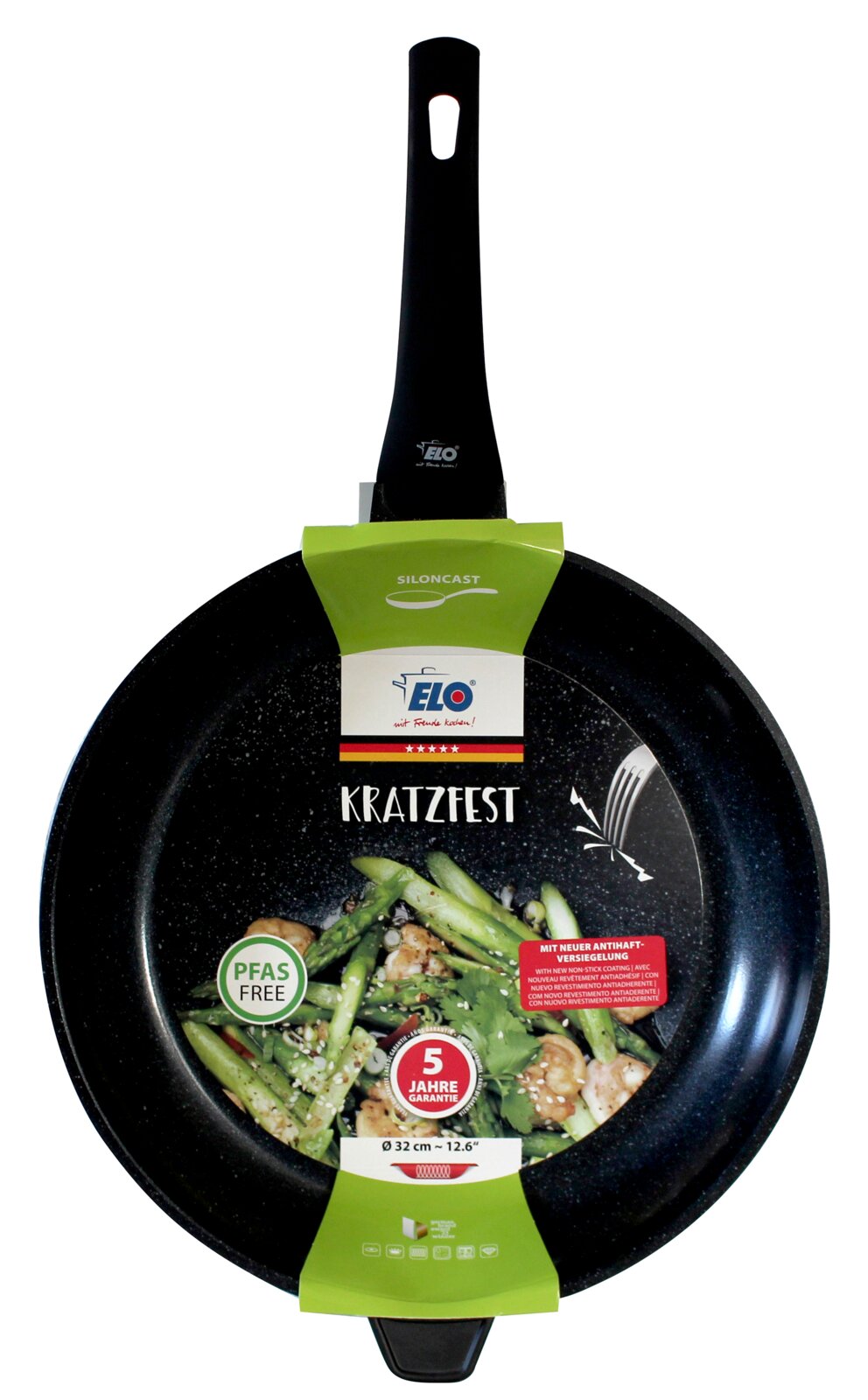 Siloncast-koekenpan 32 cm x 6 cm, krasbestendig, PFAS-vrij, met zwart handvat, vooraanzicht