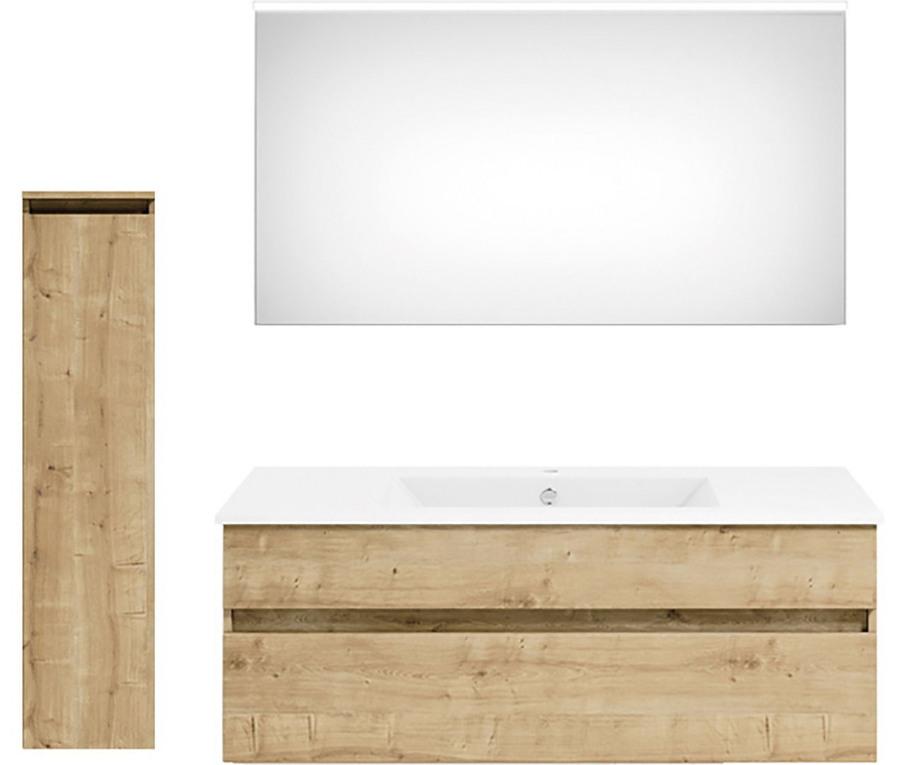 Frontale Ansicht einer Badkombination mit Holzoptik, bestehend aus einem großen Spiegel, einem Waschtisch mit weißer Oberfläche und einem hohen, schmalen Schrank.