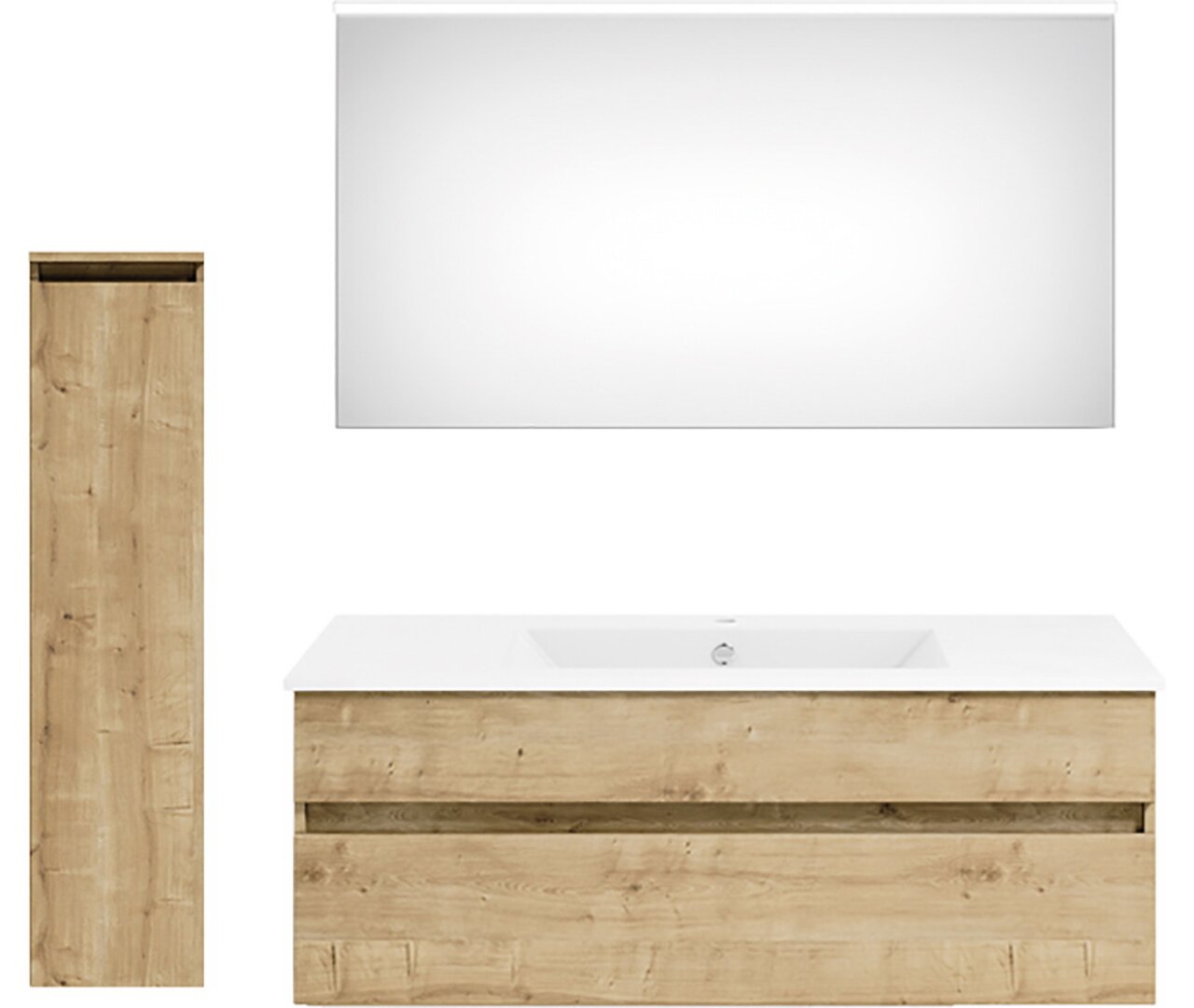 Frontale Ansicht einer Badkombination mit Holzoptik, bestehend aus einem großen Spiegel, einem Waschtisch mit weißer Oberfläche und einem hohen, schmalen Schrank.