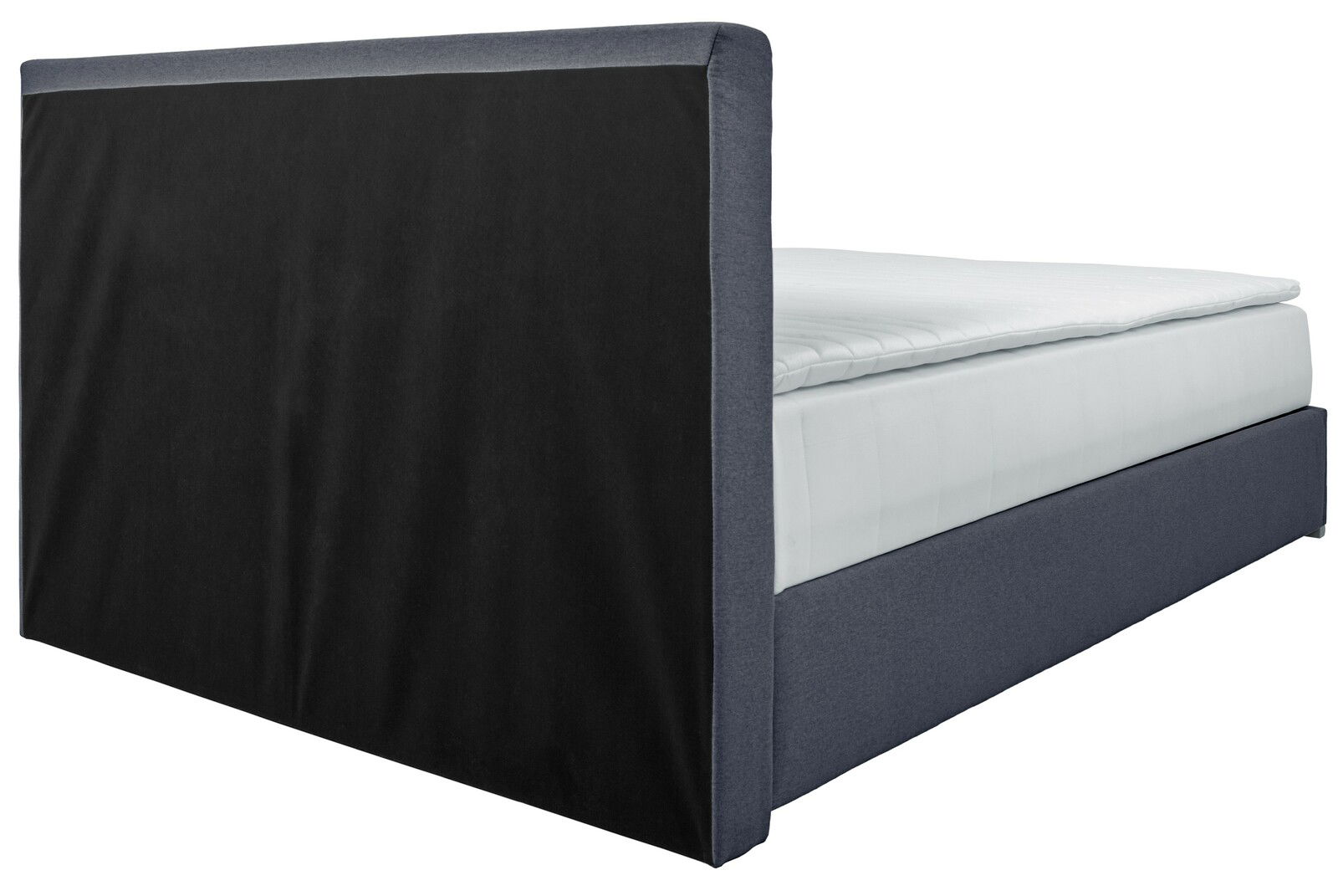 Boxbett 140 in seitlicher Perspektive mit schwarzem Kopfteil und weißer Matratze.