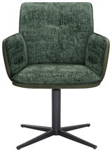 Grüner Armlehnstuhl ELLY mit gepolstertem Sitz und Rückenlehne, auf schwarzem Drehfuß, Frontalansicht