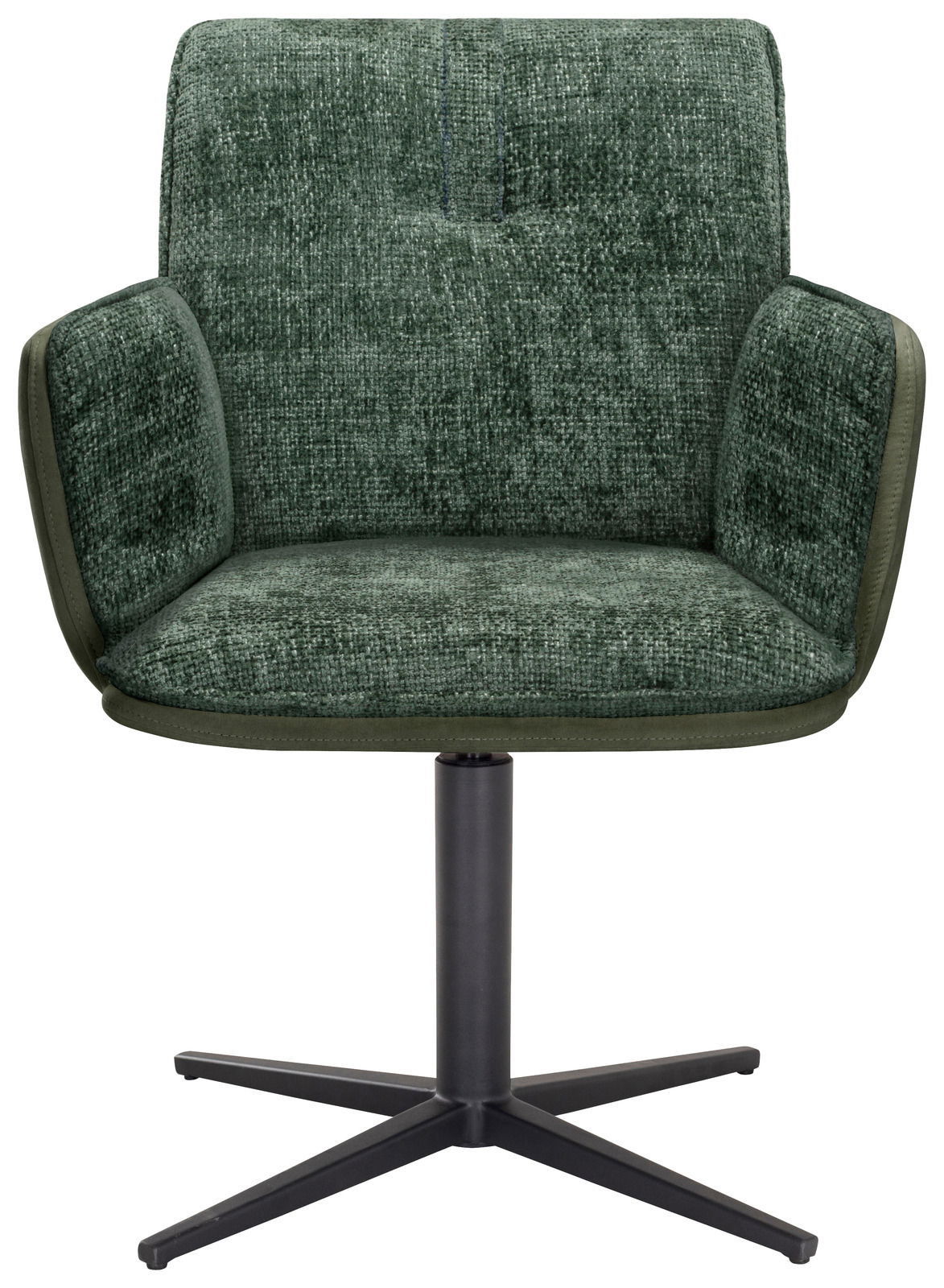 Grüner Armlehnstuhl ELLY mit gepolstertem Sitz und Rückenlehne, auf schwarzem Drehfuß, Frontalansicht