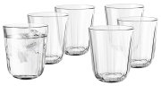 Sechs Facettengläser, 27 cl, aus klarem Glas, frontal abgebildet. Eines der Gläser ist mit Eiswürfeln gefüllt.