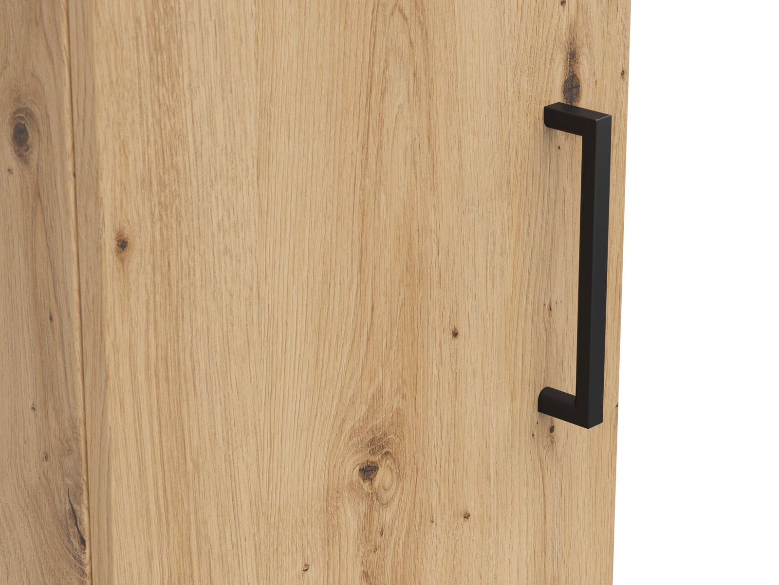 Carryhome Mehrzweckschrank MULTISTAURAUM Nahaufnahme eines Mehrzweckschranks mit Holzmaserung und schwarzem Griff, seitliche Perspektive