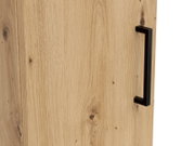 Nahaufnahme eines Mehrzweckschranks mit Holzmaserung und schwarzem Griff, seitliche Perspektive