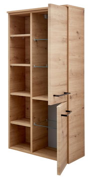 Geöffneter Midischrank aus Holz mit mehreren Regalböden und Glaseinsätzen, seitliche Perspektive