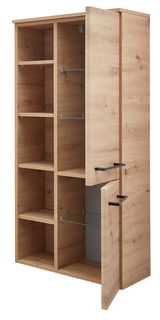 Geöffneter Midischrank aus Holz mit mehreren Regalböden und Glaseinsätzen, seitliche Perspektive