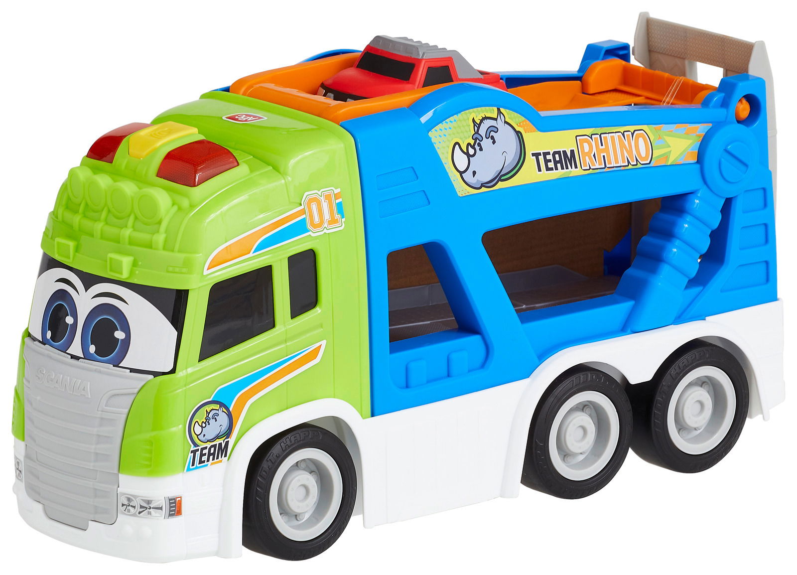 Spielzeugauto in leuchtenden Farben, seitliche Perspektive, mit Aufdruck 'Team Rhino' und einem kleinen roten Auto auf der Ladefläche.