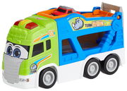 Spielzeugauto in leuchtenden Farben, seitliche Perspektive, mit Aufdruck 'Team Rhino' und einem kleinen roten Auto auf der Ladefläche.